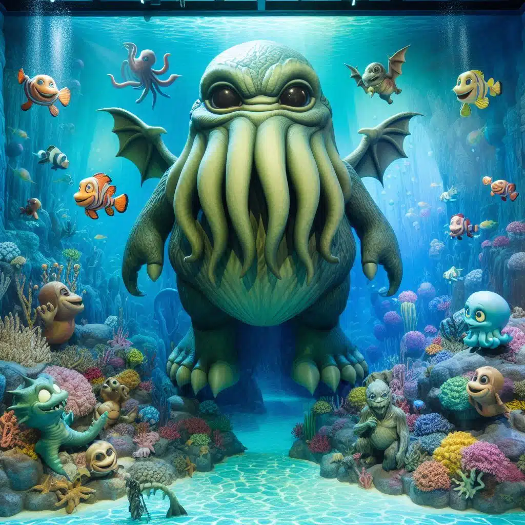 Der große Cthulhu - wie CoPilot ihn sieht: Als Tintenfischmann unter Wasser